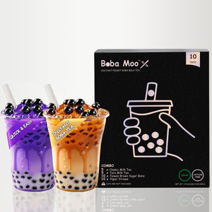 Vegan, Lactose-Free | Boba Moo X Combo - Classic / Taro Flavor Brown Sugar Boba Milk Tea (10 Servings)