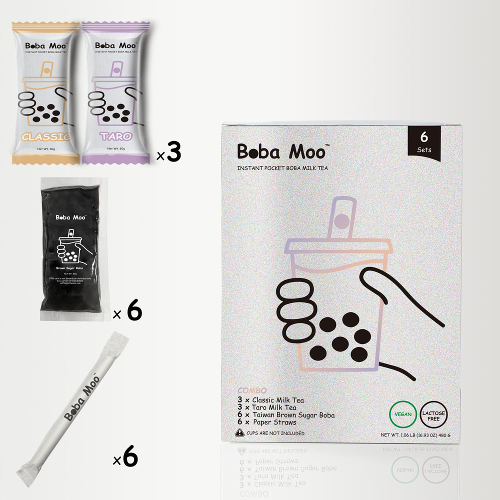 Vegan, Lactose-Free | Boba Moo Combo - Classic / Taro Flavor Brown Sugar Boba Milk Tea (6 Servings)